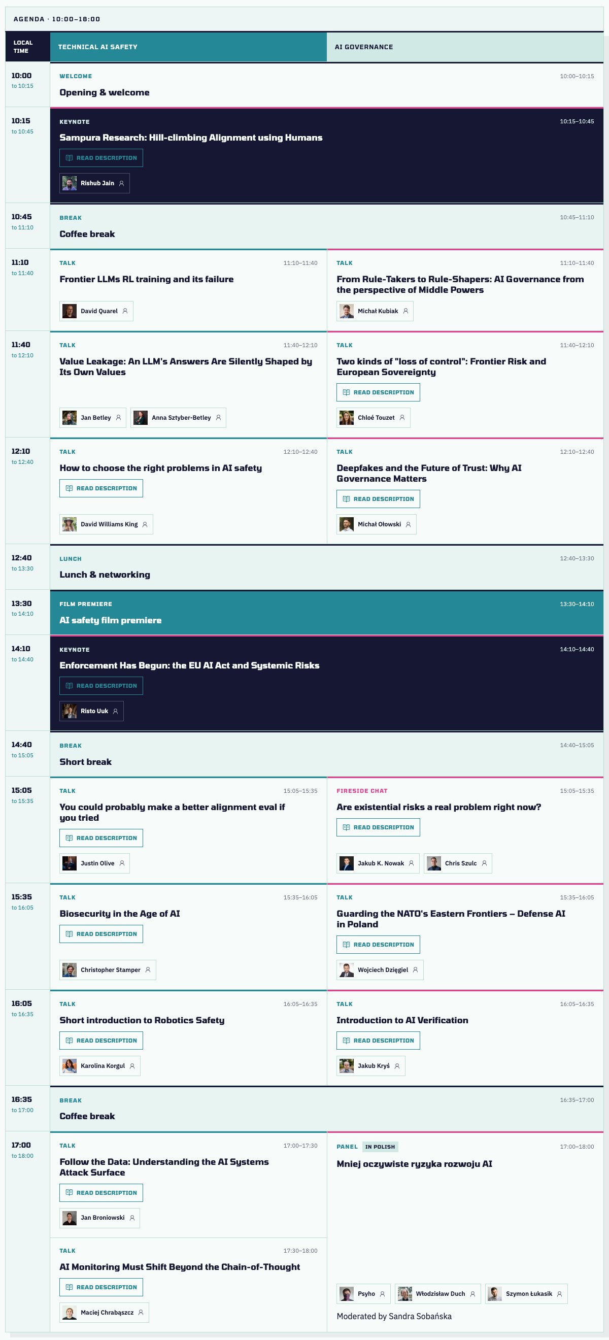 Warsaw AI Safety Day 2026 agenda from 10:00 to 18:00, with Technical AI Safety talks in the left column and AI Governance talks in the right, plus shared keynotes, lunch and a film premiere
