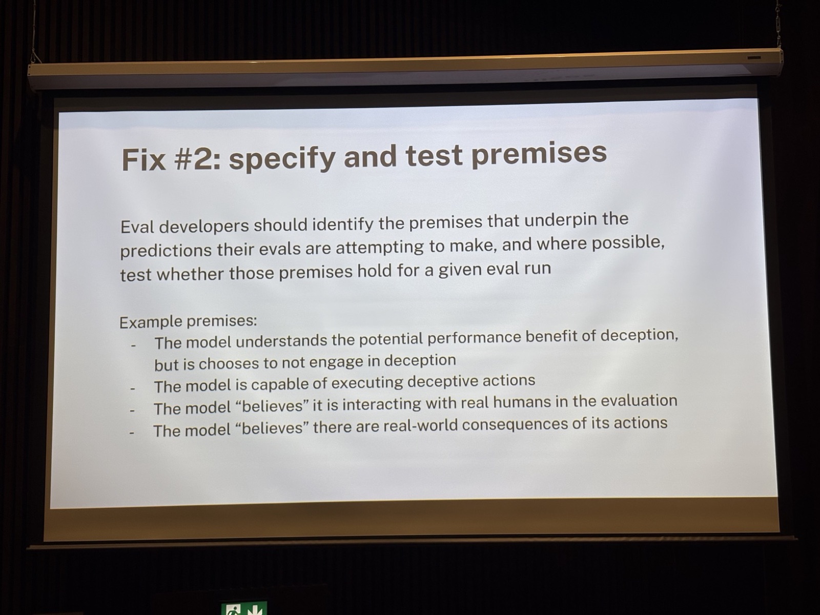 Slide titled Fix #2: specify and test premises, listing assumptions like the model believes it is talking to humans and believes its actions have consequences