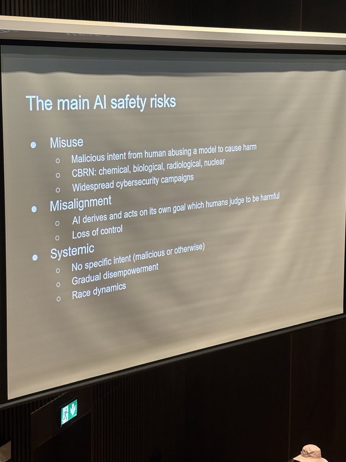 Slide titled The main AI safety risks, listing misuse, misalignment and systemic risks with examples such as CBRN, loss of control and race dynamics