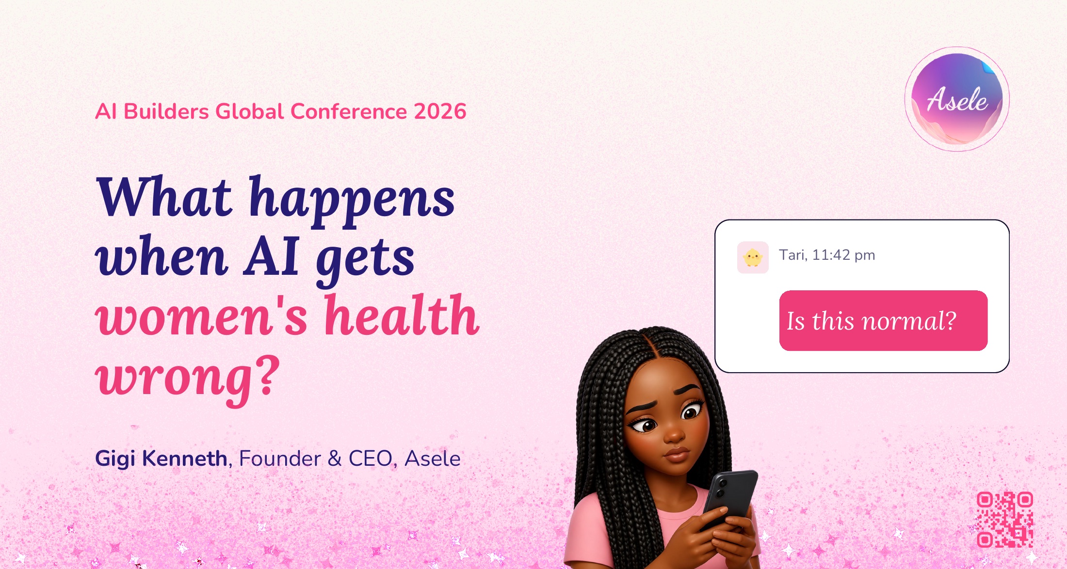 Title slide: What happens when AI gets women's health wrong? Gigi Kenneth, Founder and CEO, Asele