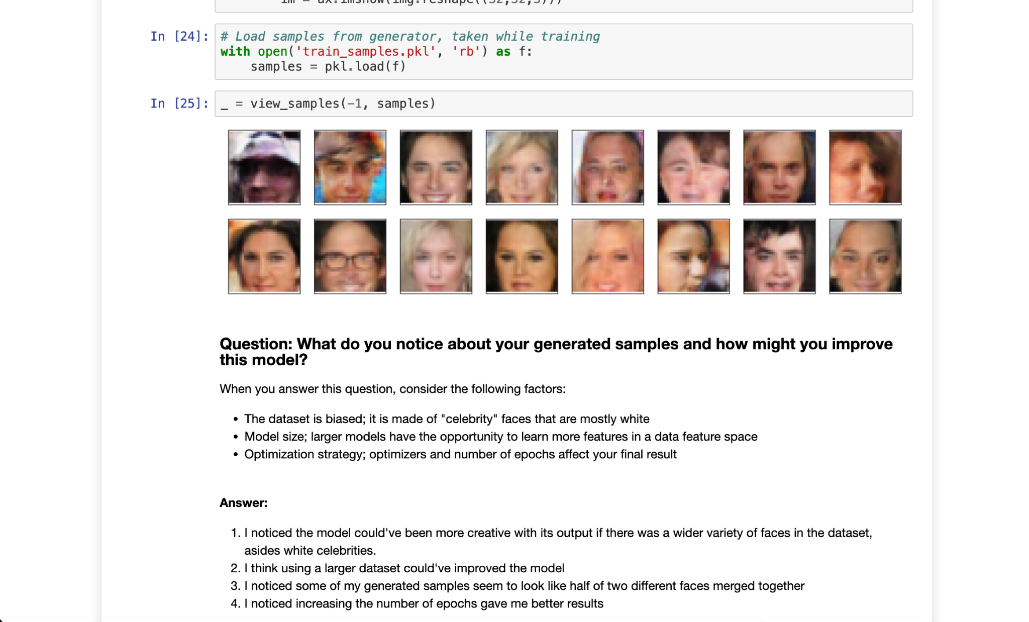 Jupyter notebook output showing GAN-generated faces and the project write-up