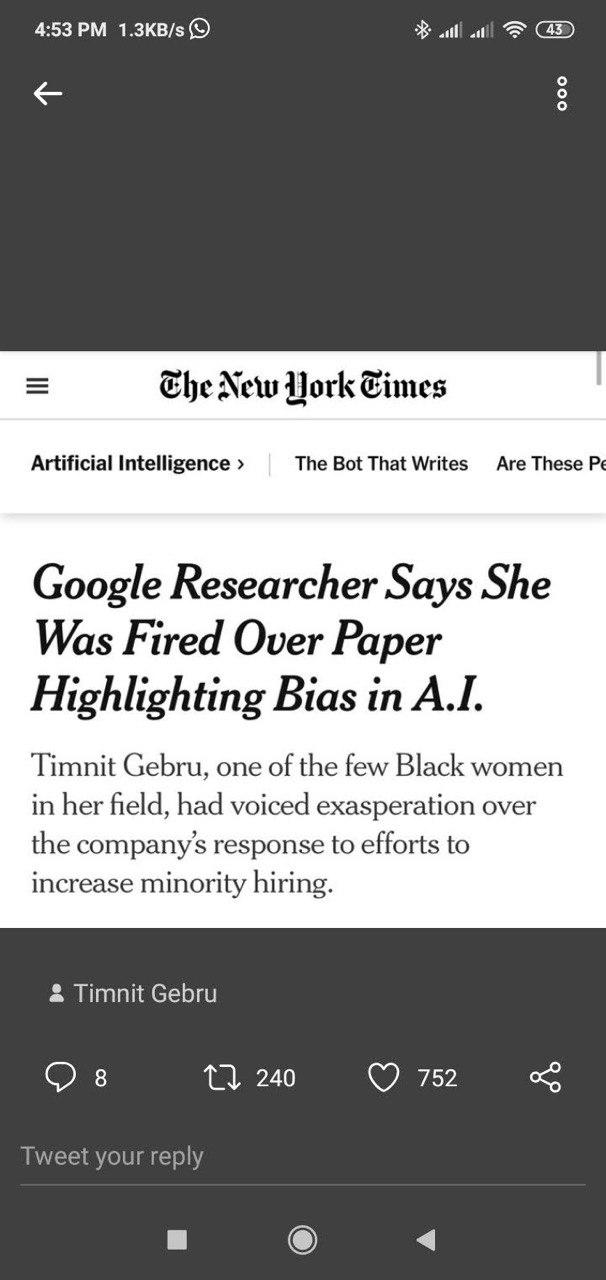 New York Times headline: "Google Researcher Says She Was Fired Over Paper Highlighting Bias in A.I."