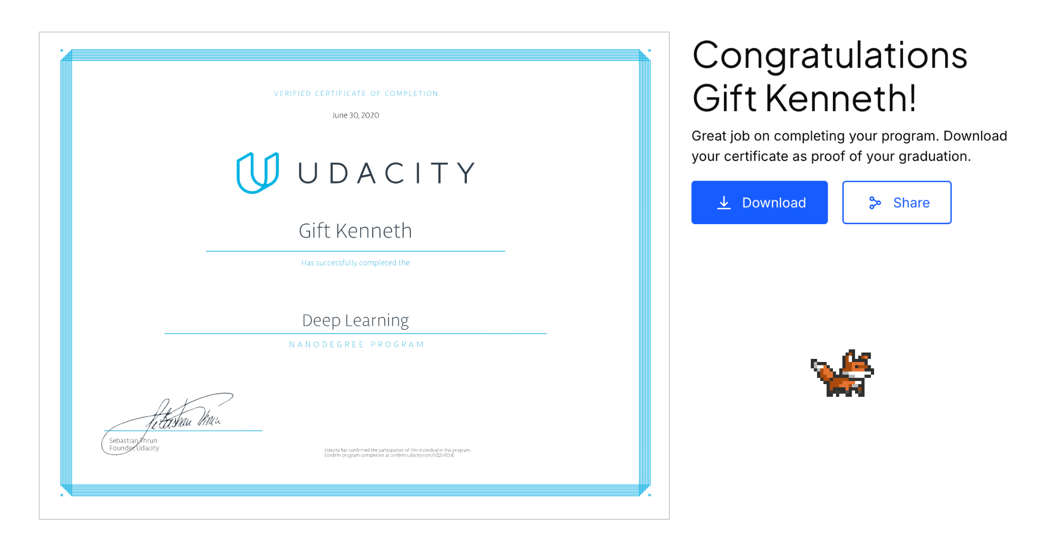 Udacity Deep Learning Nanodegree completion certificate for Gift Kenneth