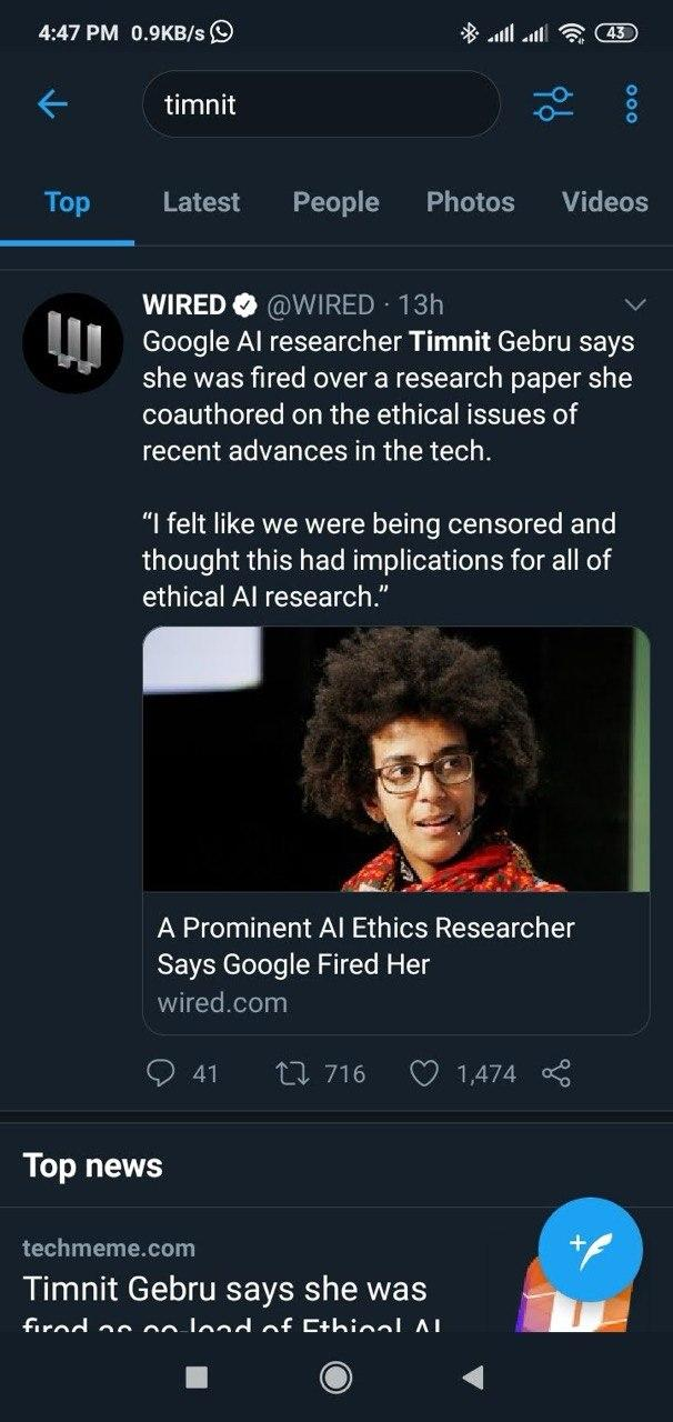 WIRED tweet: "A Prominent AI Ethics Researcher Says Google Fired Her"